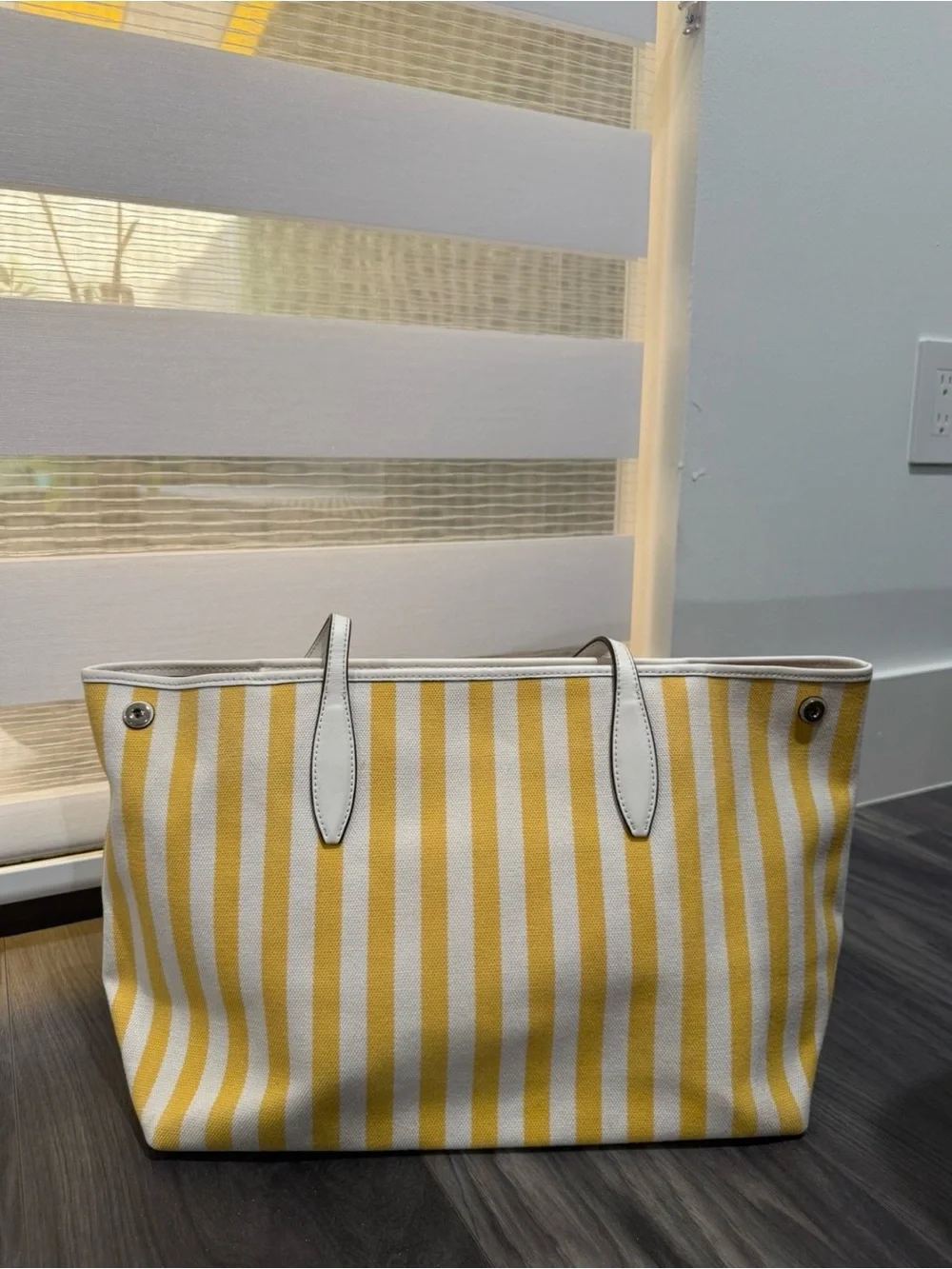 kate spade Yellow and White Striped Canvas Shoulder Tote